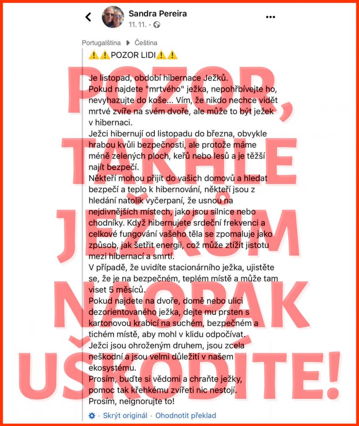 zobrazit detail snímku: Text s chybnými informacemi o pomoci ježkům.