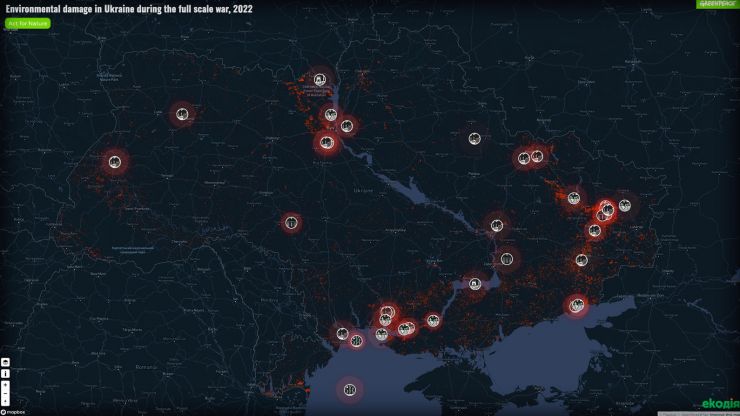 zobrazit detail snímku: Mapa monitorující poškození životního prostředí na Ukrajině.