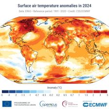 Znázornění změn teplot v roce 2024 oproti předindustriální době